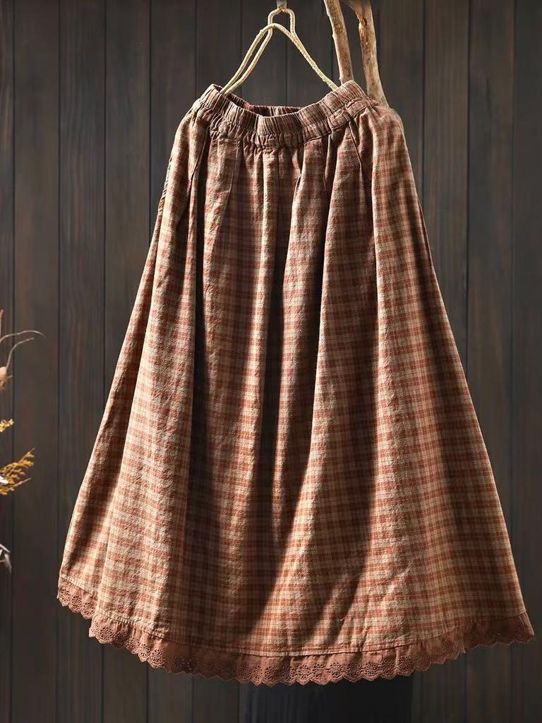 Johnature Women Plaid Skirts Elastic Waist Patchwork Lace Summer Female Casual Soft Skirts