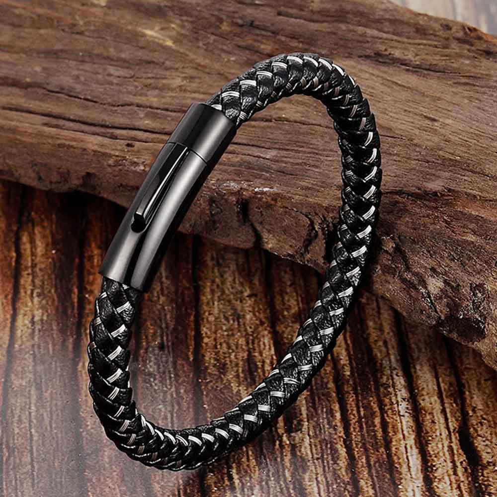 

Punk Threaded Button Metal Weaving Bracelet for Men Women Stainless Steel Twining Classic Style Charm Black High Quality 19cm
