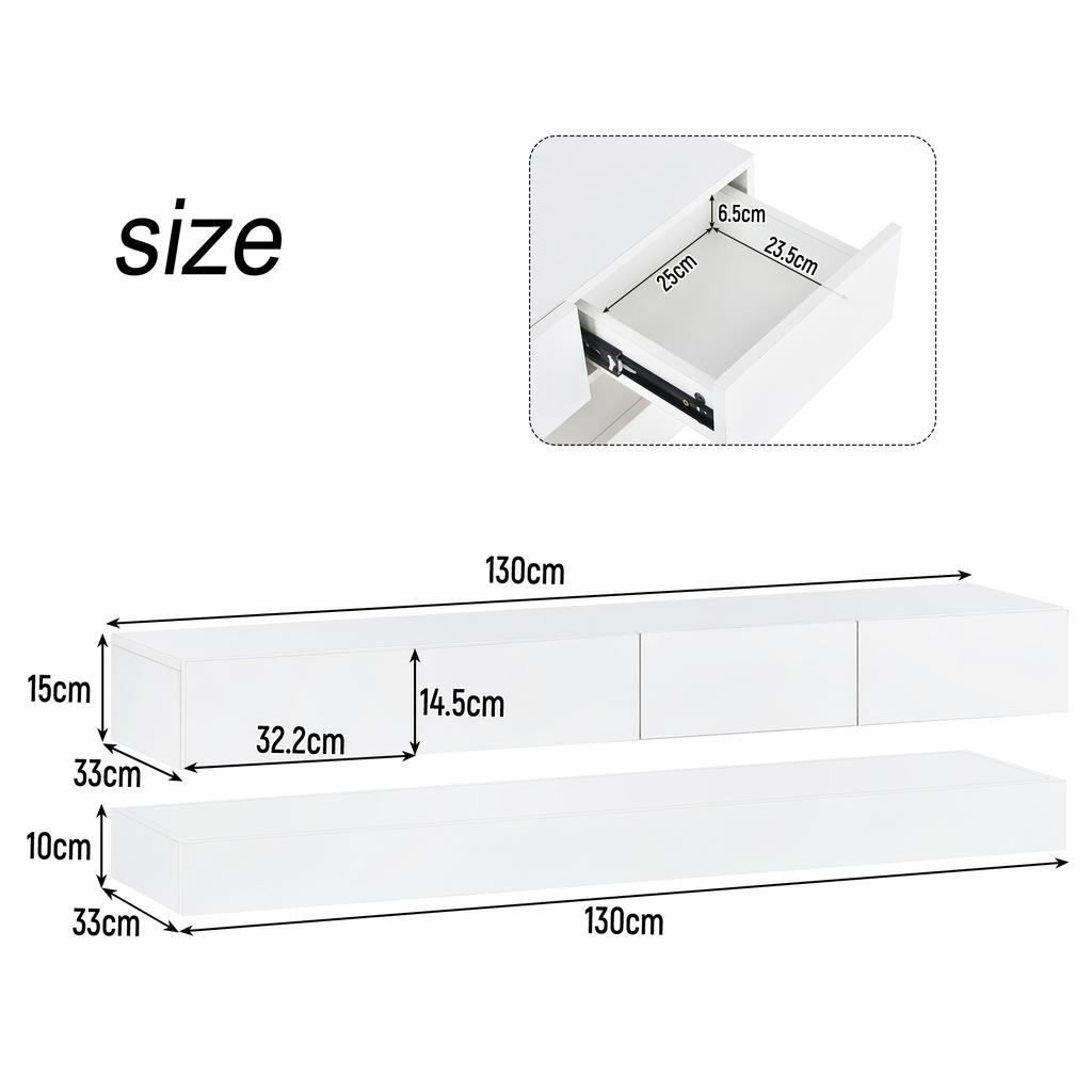 LED TV Lowboard, Wall-Mounted TV Cabinet, Furniture with 2 Cabinets and 4 Large Drawers, LED Lighting Wall Cabinet for up to 55 Inch White 130*33*15cm