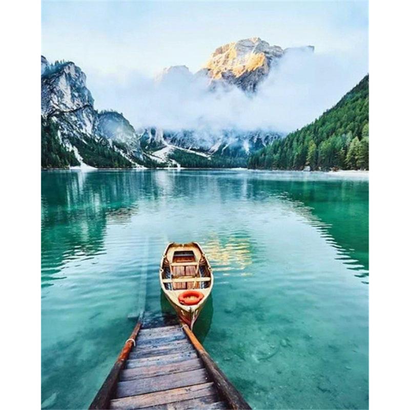 Full Round Drill DIY Diamond Painting Boat Full Round Drill Lake Scenery Embroidery Cross Stitch Home Decor Gift