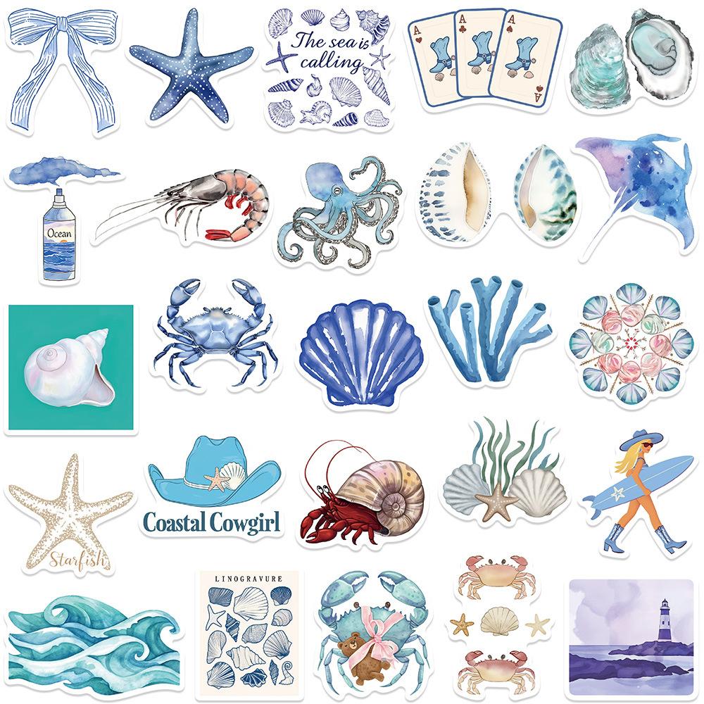 10/30/50pcs The Blue Coast Girl Graffiti Stickers Cartoon Shell Crab Shrimp Decals DIY Scrapbooking Notebook Decoration Sticker
