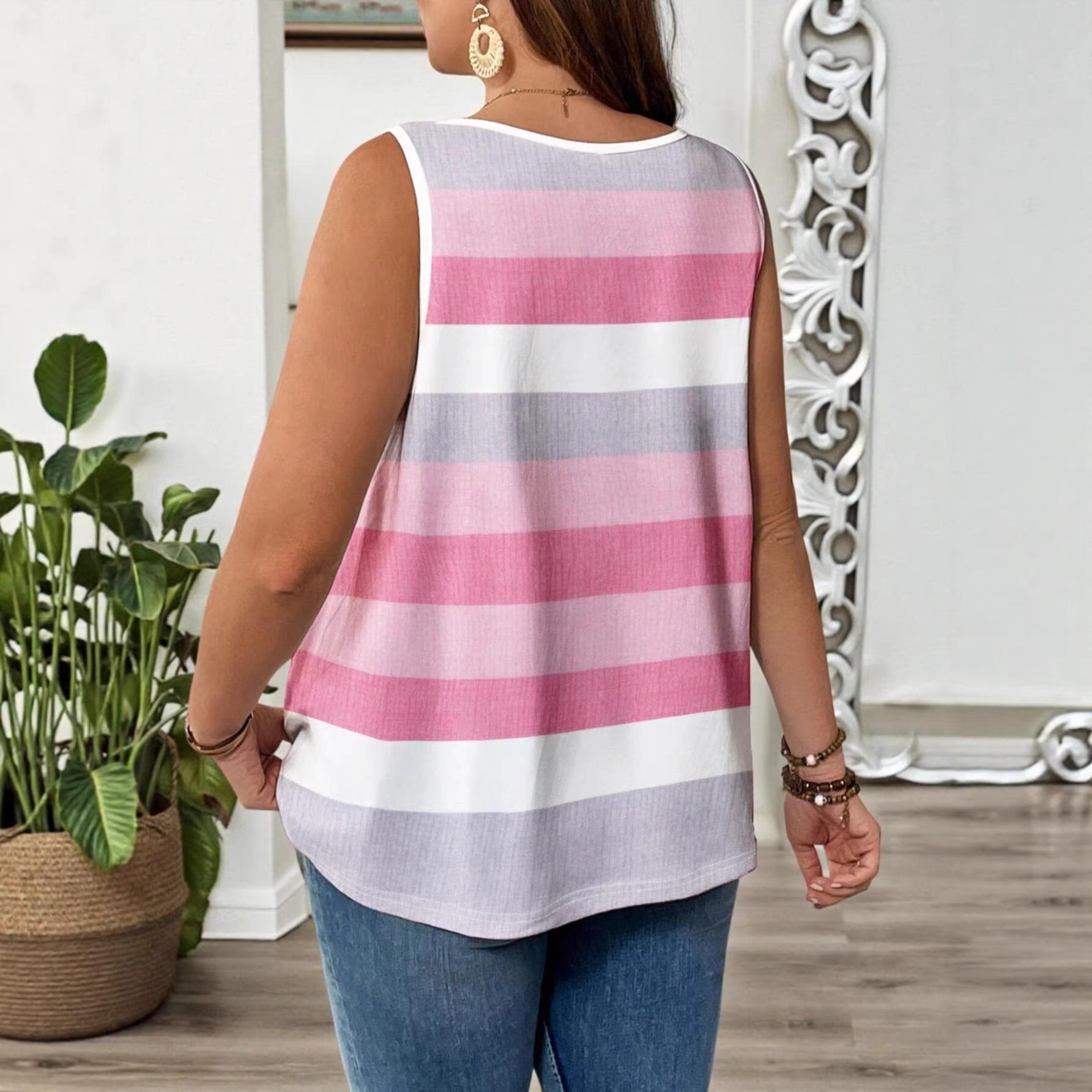 New Women s Striped Casual Round-neck Top, Short Sleeves, Sleeveless Vest T-shirt 0XL розовый