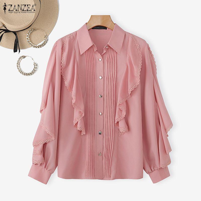 ZANZEA Women Casual Turn Down Collar Loose Ruffles Long Sleeve Blouse