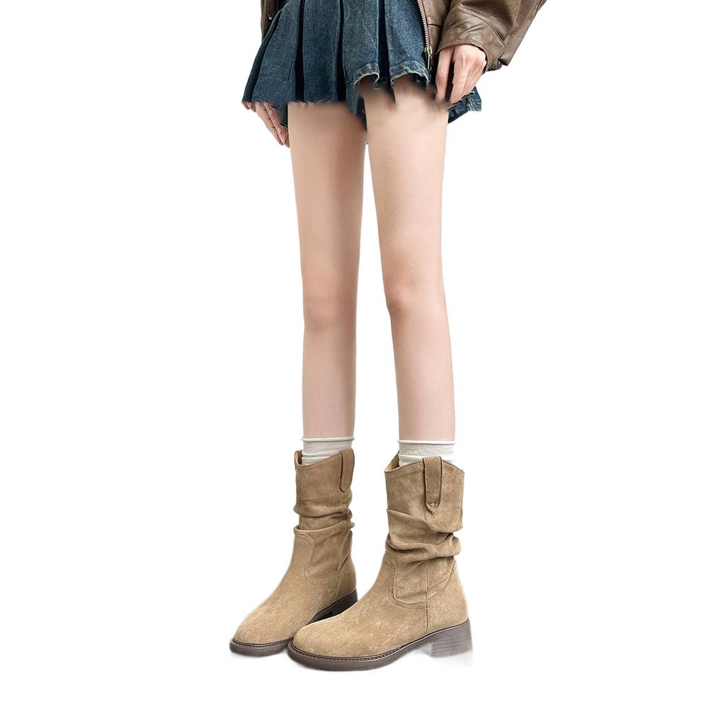 New Khaki Medium Tube Martin Boots Women's Spring and Autumn Stacking Boots Pleated Single Boots Women's Medium Tube Western Cowboy Boots
