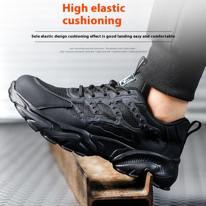 Fashion Black Work Shoes Breathable Mesh Steel Toe Safety Shoes for Men Lightweight Safety Work Sneakers Non-slip Labor Protection Shoes