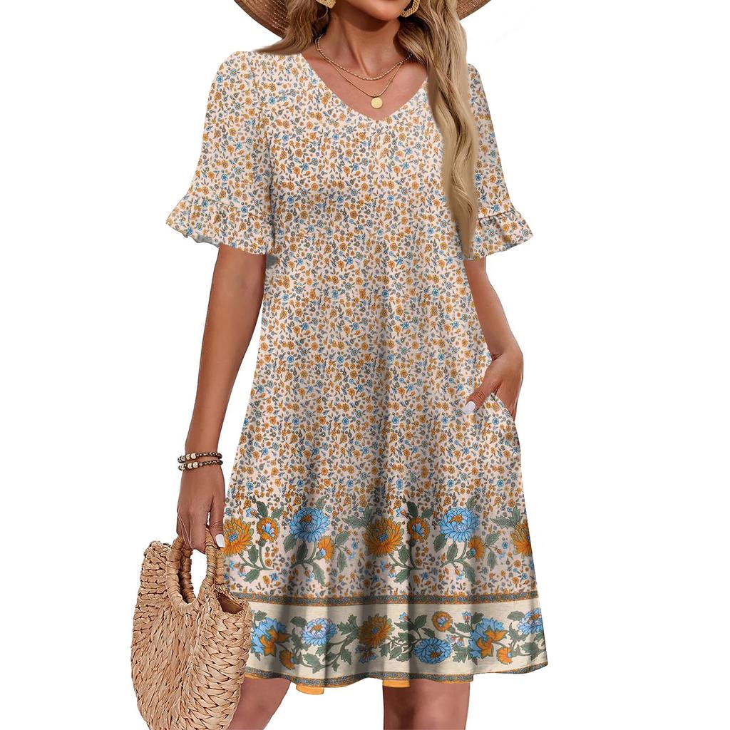 Women A Line Sun Dress Short Sleeve V Neck Printed Dress With Pockets