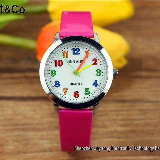 Popular Kids' Cartoon Quartz Watch with Colorful Numbers and Leather Strap for Elementary School Boys and Girls