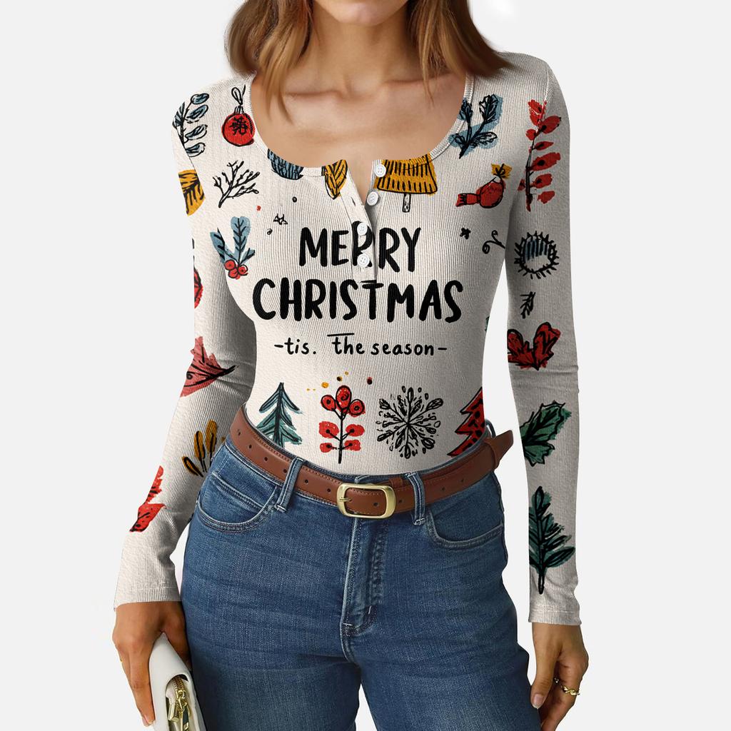 Women's Casual Fashion Christmas Print Button Long Sleeve Top