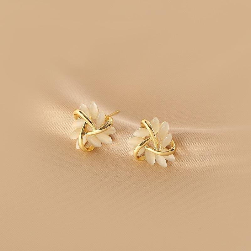 S925 Silver Needle Cat's Eye Stone French Petal Earrings for Women Accessory Personalization Jewelry Accessories