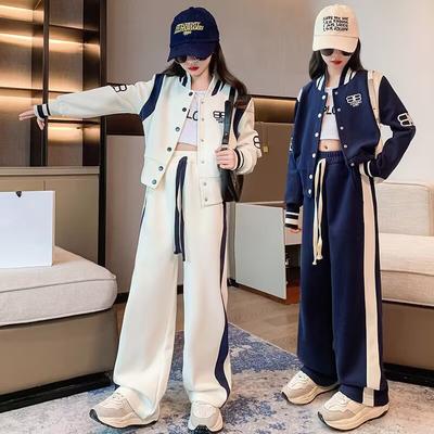 Spring Autumn Children Girl Clothes Baseball Jacket Coat Pants Suit Teenage Fashion Tracksuit Sets White Blue
