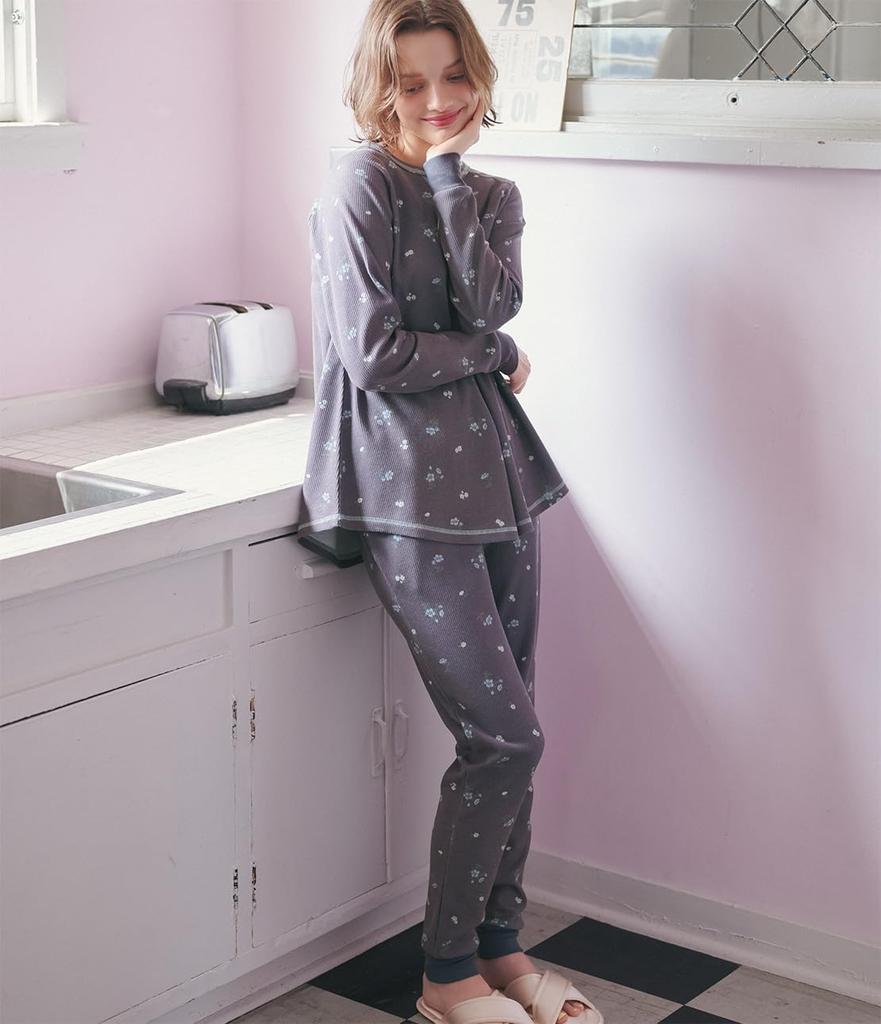 Peach John Thermal HARA Maki Comfortable Cotton Loungewear with Belly Comfortable for Fall and Floral Sizes Women's Pajamas, Wrap, Winter, Navy, M/L