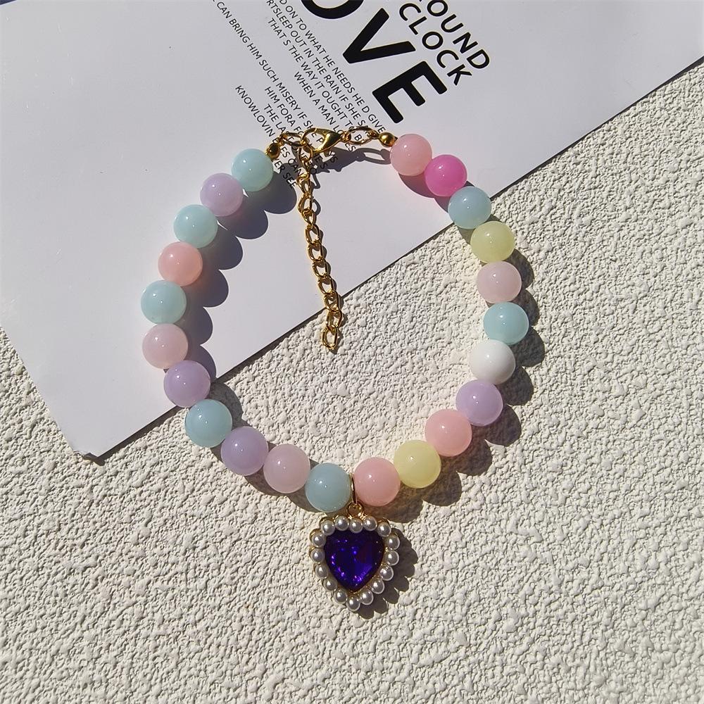 Personalized cat and dog pet handmade necklace collar beaded rhinestone heart cute pearl pendant accessories princess style