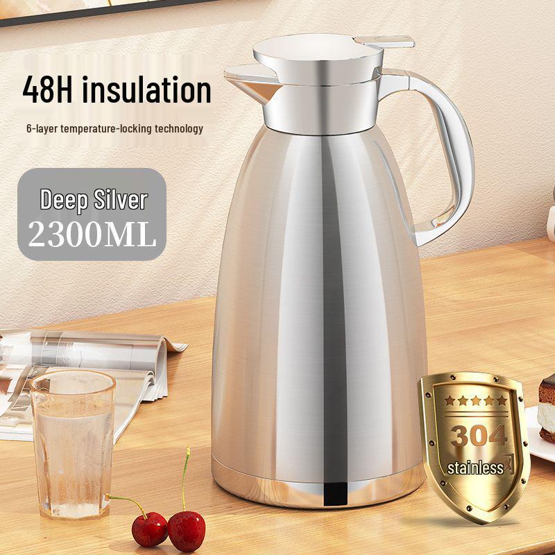 

French 316 Stainless Steel Large Capacity Insulated Kettle, Press-Type, Original Grey, Chinese Style 2.0L 304 Stainless Steel