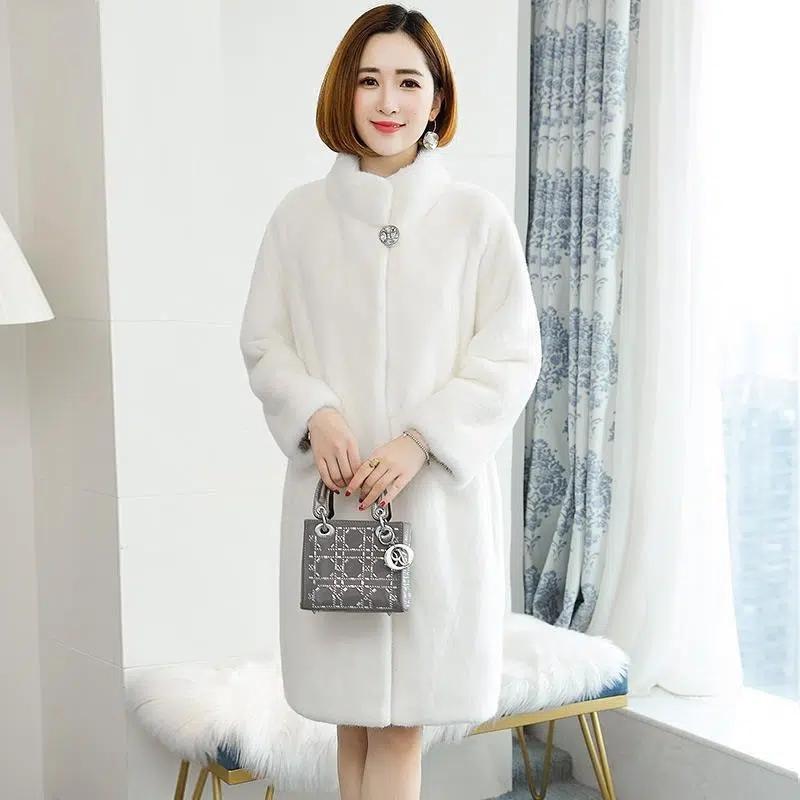Autumn and Winter Women's Imitation Mink Fur Coat Mid-length Stand Collar Plus Cotton Thickened Loose and Thin Imitation Mink Fur Coat