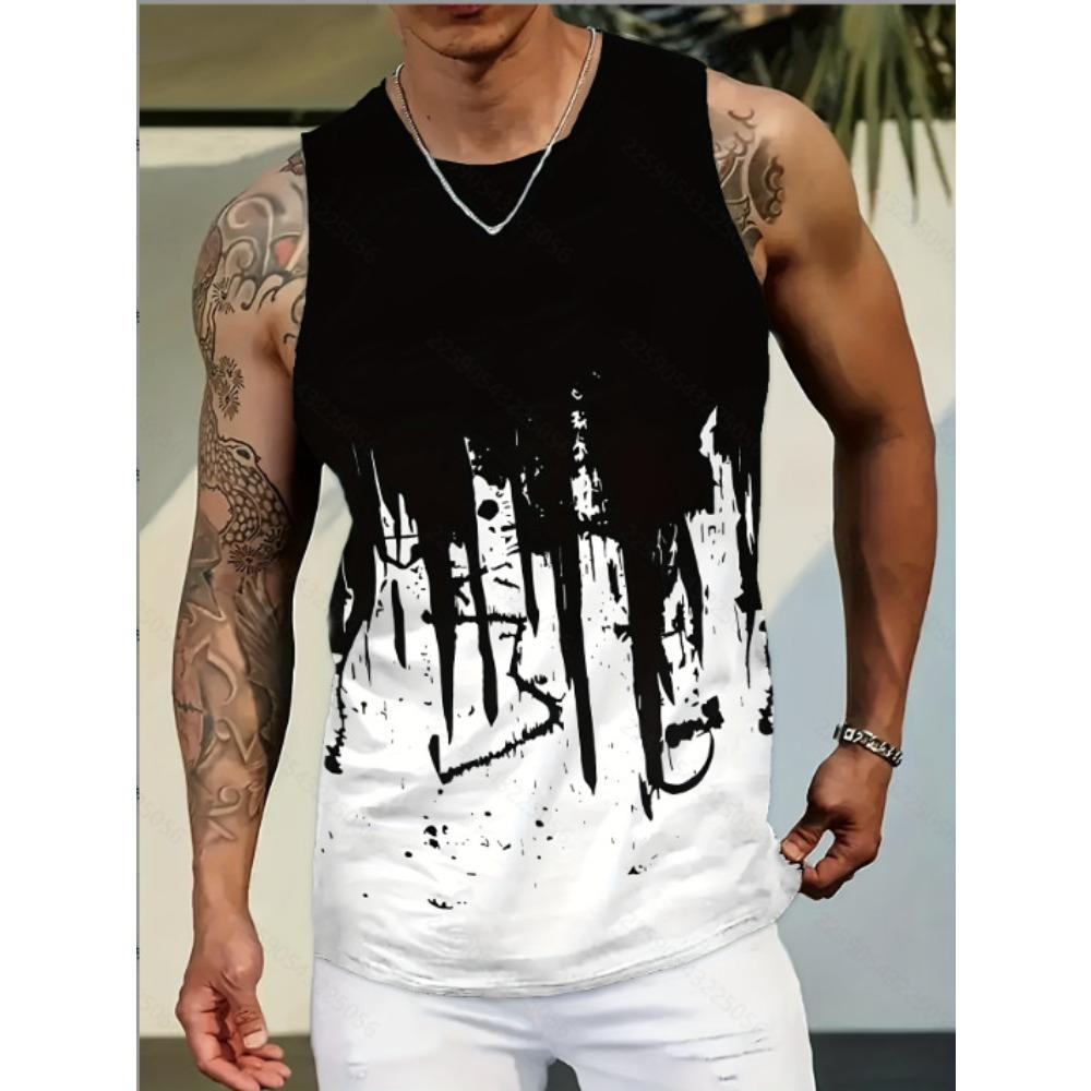 New Fashion Casual Versatile High-quality Graffiti Style Men's Round Neck Vest Outdoor Sports Fitness Comfortable Breathable Vest