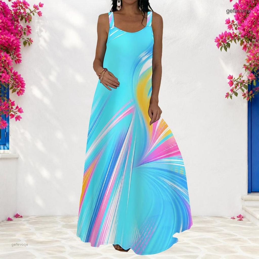 Women Plus Size Scoop Neck Strappy Sleeveless A Line Printed Bright Blue Maxi Dress