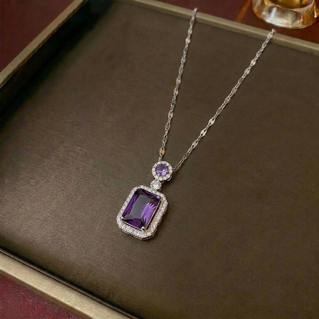 Women's Multi-color Zircon Pendant Necklace - Japanese & Korean Style, Geometric Titanium Steel Clavicle Chain, Light Luxury Fashion.