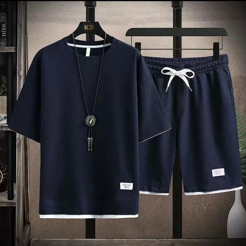 

Мужской комплект из 2 предметов с вафельным узором, шорты, летний спортивный костюм, мужская модная одежда, стиль Харадзюку, модный свободный спортивный костюм XXL темно-синий