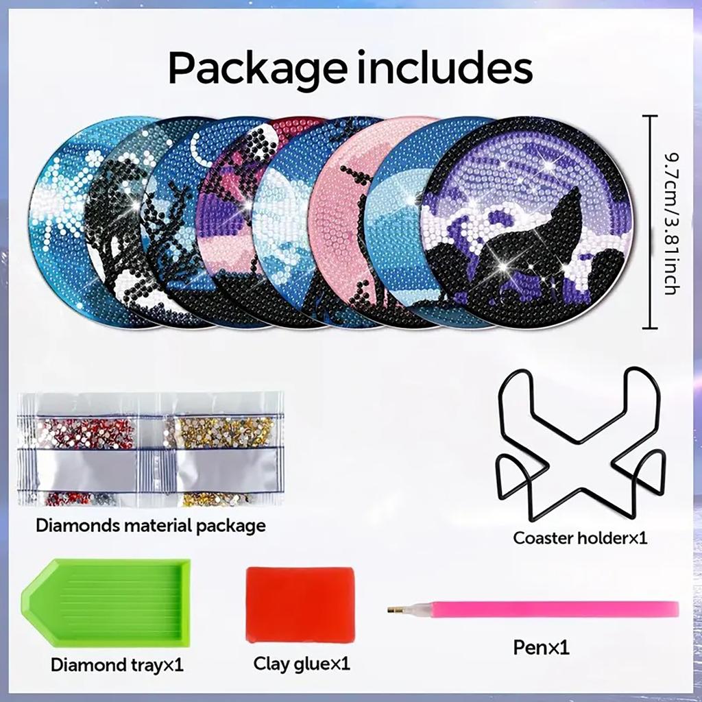 8 Pieces/set of Animal Wolf Pattern Painted Coasters Set with Holder DIY Coasters for Beginners and Adults, Art and Craft Supplies Gifts