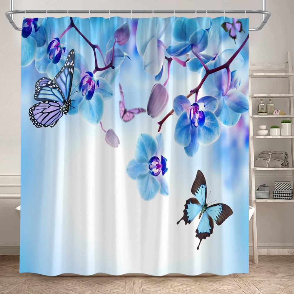 Rideaux de douche Zen Bambou Vert Orchidée Pourpre Lotus Papillon Paysage Spa Accrochage Mural Domestique Tissu Rideau de Salle de Bain Décoratif