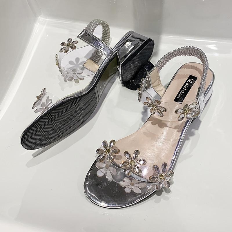 Rimocy Transparent Pvc Crystal Sandals Women Fashion Flowers Elastic Square Heel Shoes Woman Summer Open Toe Sandalias Mujer