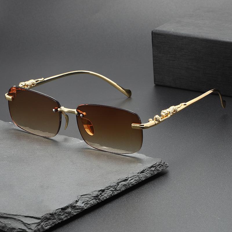 Trendy Men's Rimless Cut-Edge Sunglasses with Small Leopard Temple