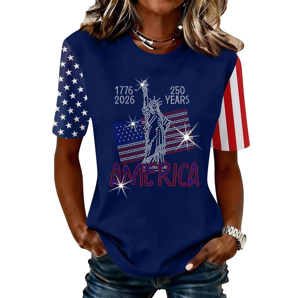 Blusa Feminina da Moda Casual de Manga Curta com Estampa e Gola Redonda
