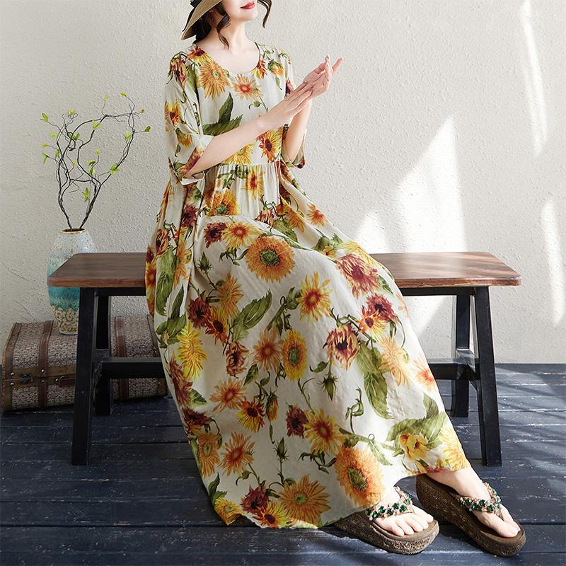 DIMANAF 2025 Summer Plus Size Long Dress Basic Women Casual Loose Vintage Flower New Printing Beach Dress Maxi