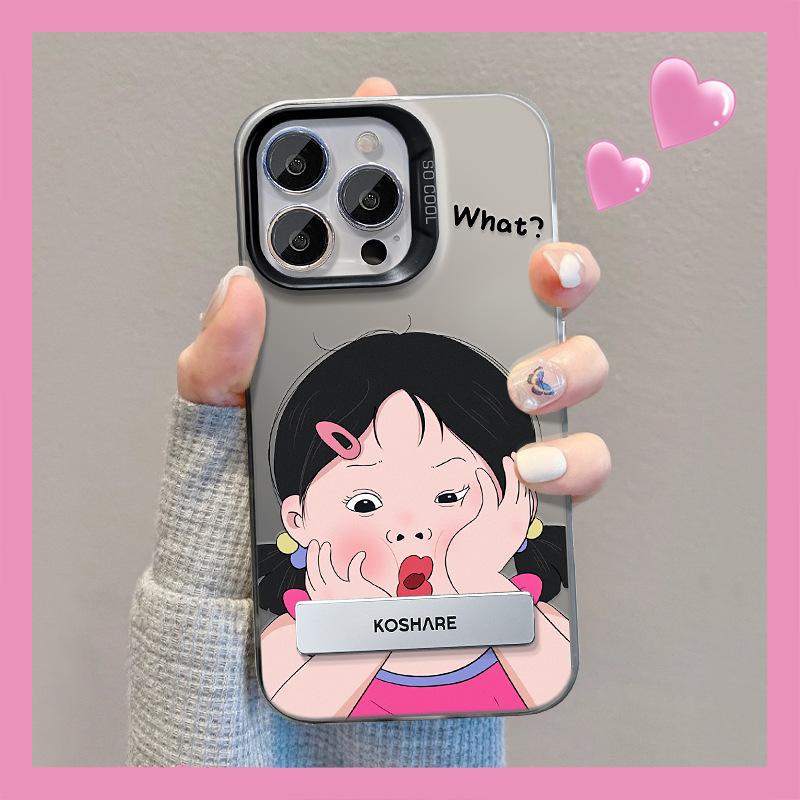 Applicable To Apple 15 Mobile Phone Case Iphone14 Funny Pouting Girl Stand 13promax Color Silver Matte High-end