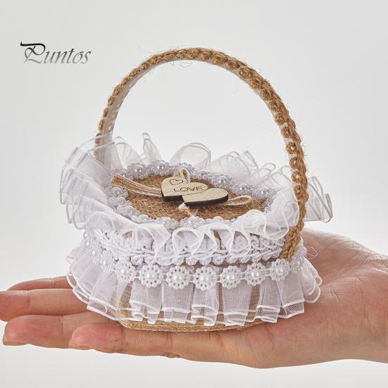 Tragbare Ringbox in Herzform, Spitzendekor, Eheringkissen, Innenteil aus weichem Schaumstoff, Ringkorb mit Tragegriff