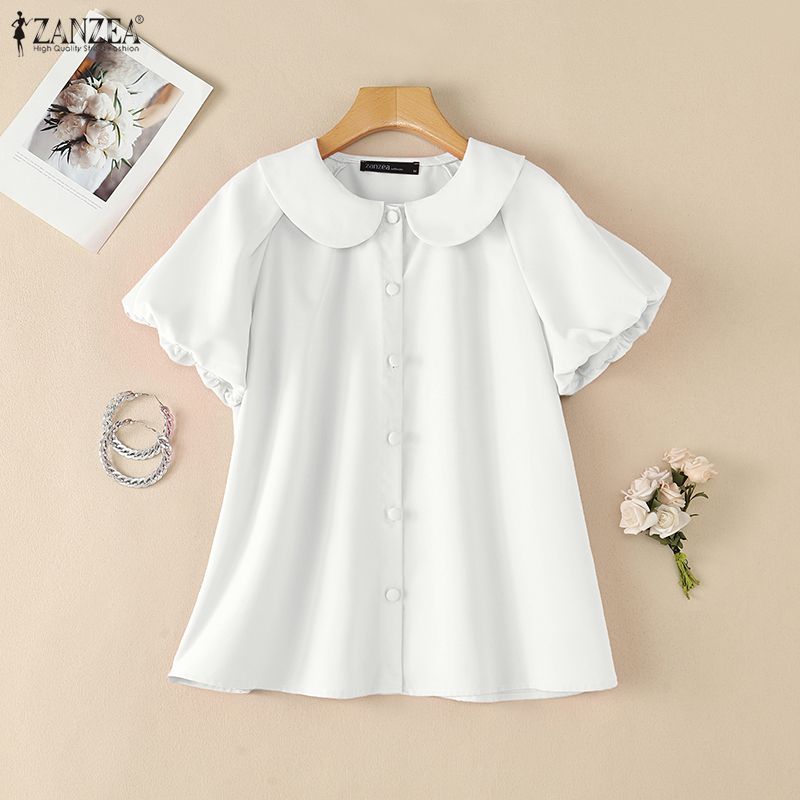 ZANZEA Women Casual Doll Collar Solid Color Short Sleeve Blouse