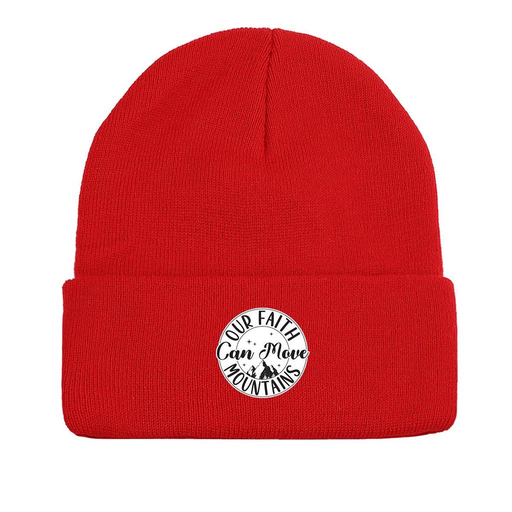 FAITH MOVE MOUNTAINS" Print Knitted Hat Beanie, Text Skullies Beanies Fit Thermal Headwear Pompom Beanies Knit Cap Beanie