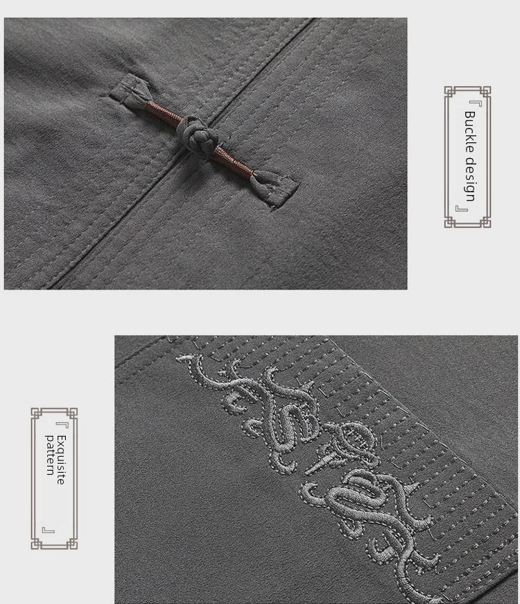 Men's Chinese Style Casual Cotton Linen Short-Sleeve Suit for Middle-Aged and Elderly Summer Wear