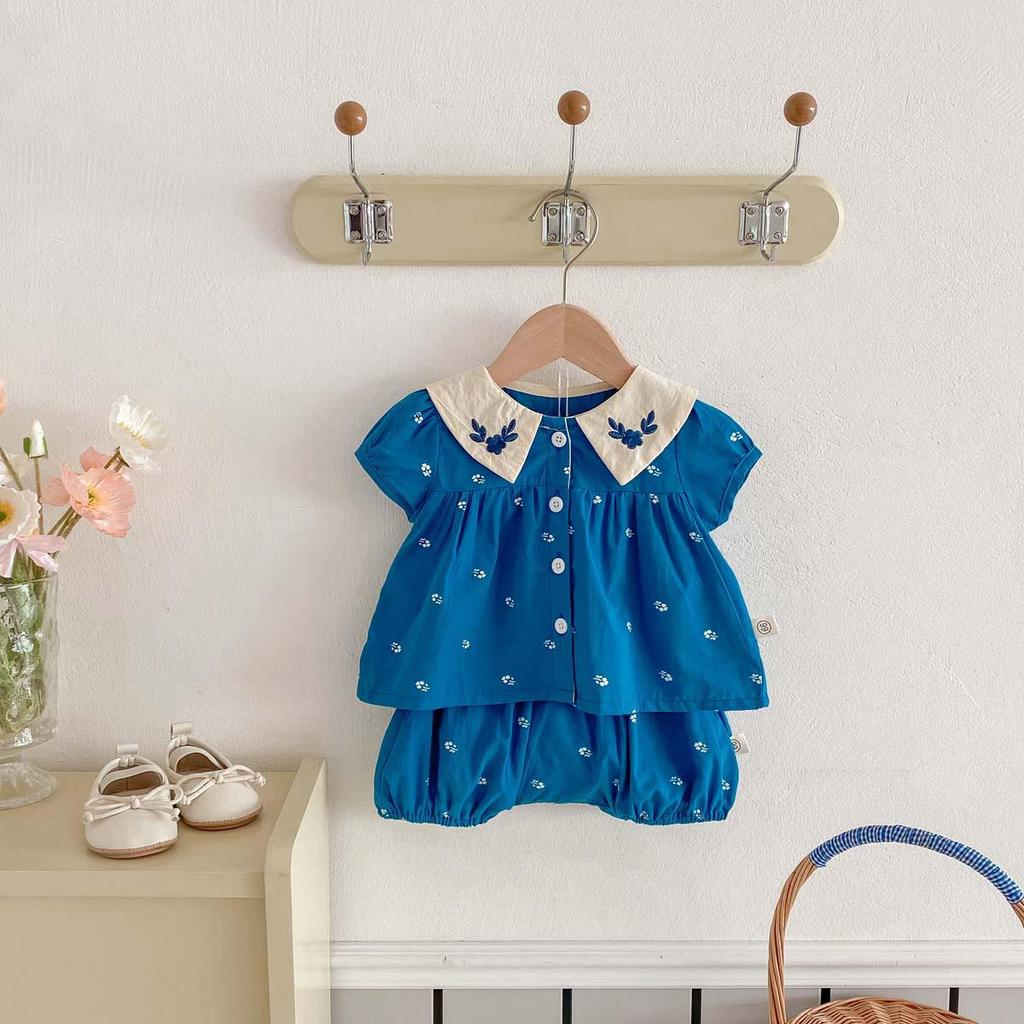 Summer Floral Embroidered Baby Girl Set with Peter Pan Collar and Bubble Sleeves