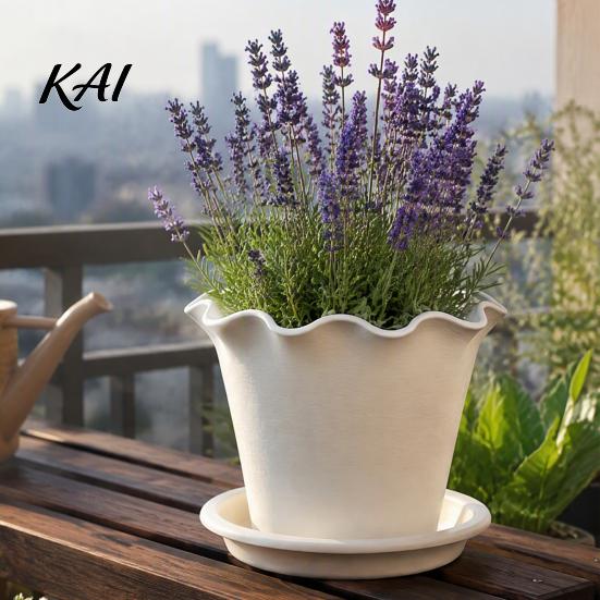 Plant Containers for Flowers Wavy Edge Planter with Saucer, Thickened Flower Pot Simple Style Planting Drainage Holes, Modern Indoor Outdoor