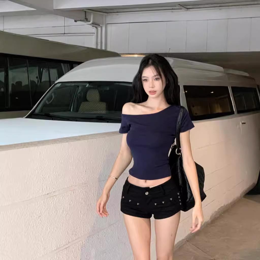 2025 Summer Trendy Off-Shoulder Crop Top for Women - Slim Fit, Short Sleeve