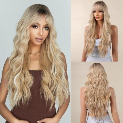 Ombre Sarışın Platin Sentetik Peruk Uzun Kıvırcık Dalga Doğal Saç Peruk Kadınlar için Afro Cosplay Peruk Isıya Dayanıklı Peruk Patlama Ile