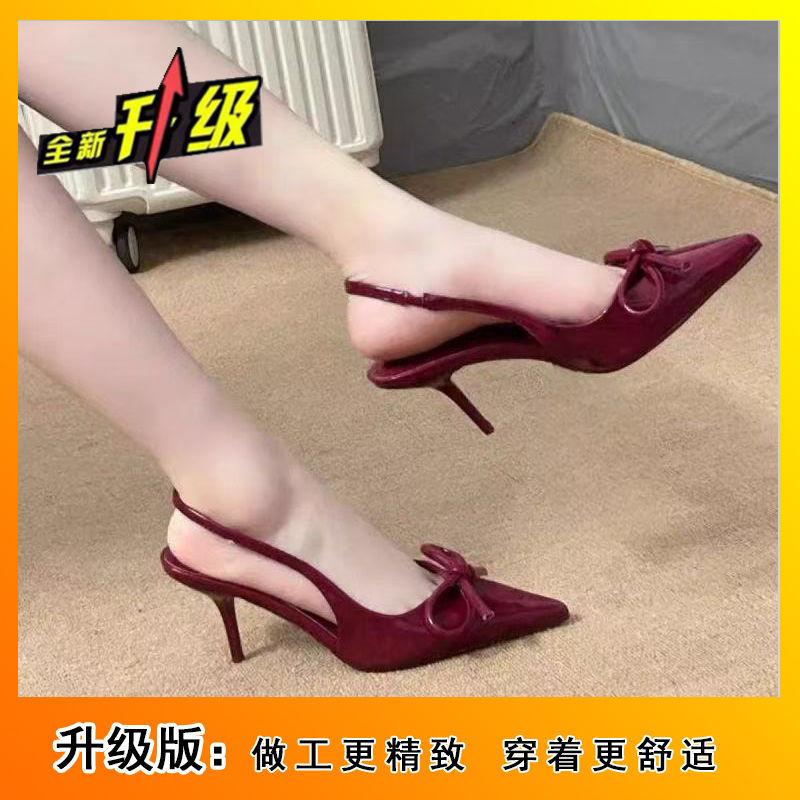 Retro fashion back strap bag head high heel sandals niche bow red pointed single shoes women's 2025 autumn new