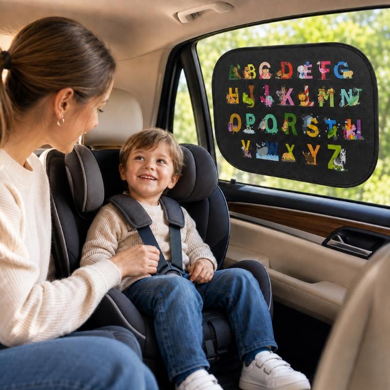 Toddler Car Window Side Glass Sun Shade Cover Pair with Suction Cups, PVC Cartoon Light Panel for Preschool School Runs and Daily Drives