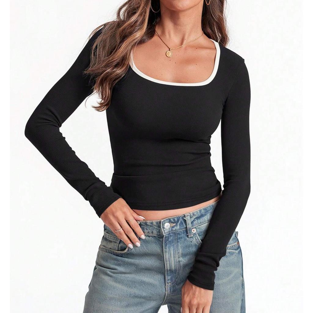 Fashionable Women's Top Square Neck Slim Sexy Colorblock Long Sleeves