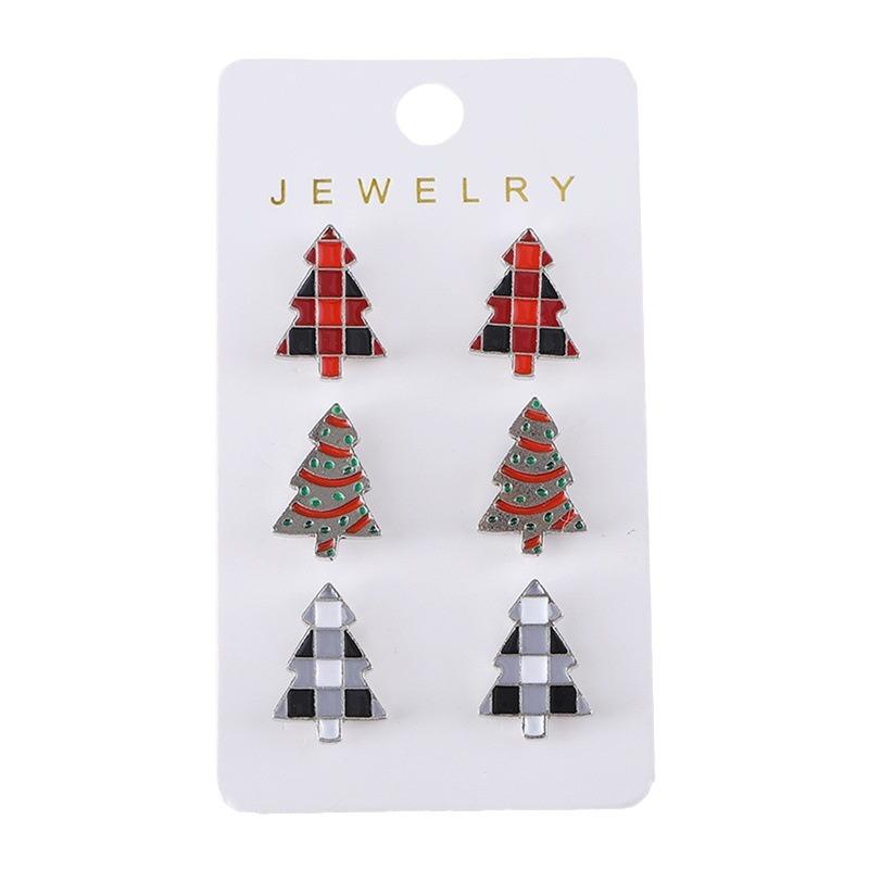 Europäischer und Amerikanischer Cartoon Weihnachtsbaum Karomuster Stecker Ohrring Set - Niedliche und Kreative Legierungs-Ohrringe