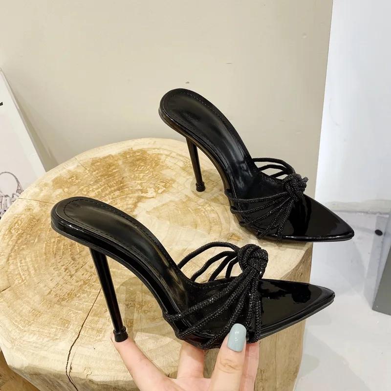 Sexy High Heels Slipper For Women Summer Fashion CRYSTAL Narrow Band Pointed Toe Slides Stripper Party Sandal Mule Shoes