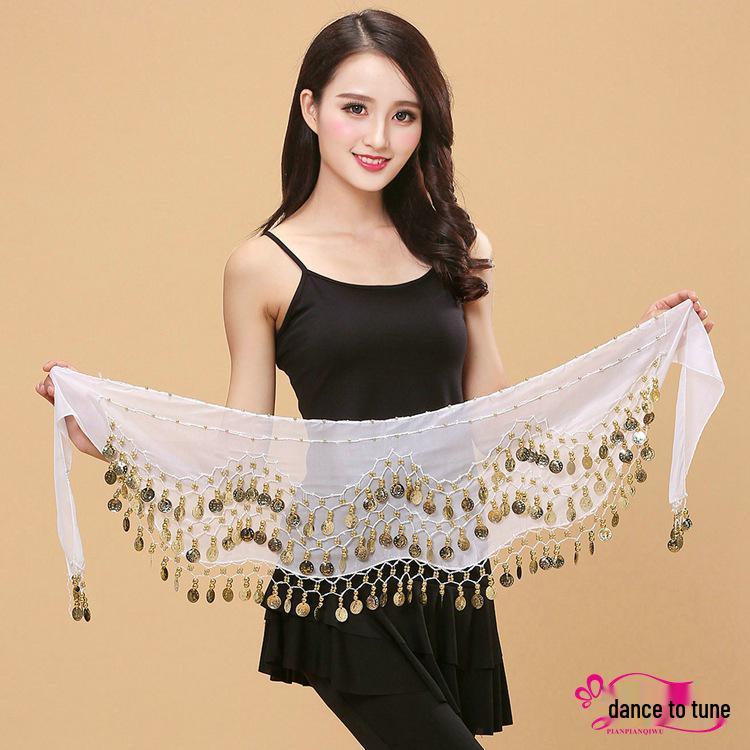 

Waist Chain Belt with 128 Chiffon Coins for Belly Dance, Yoga, or Indian Dance Performance белый