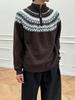 Pánský pletený svetr Fair Isle s jacquardovým vzorem, poloviční zip, podzim/zima, vysoký límec, retro styl, ideální pro páry