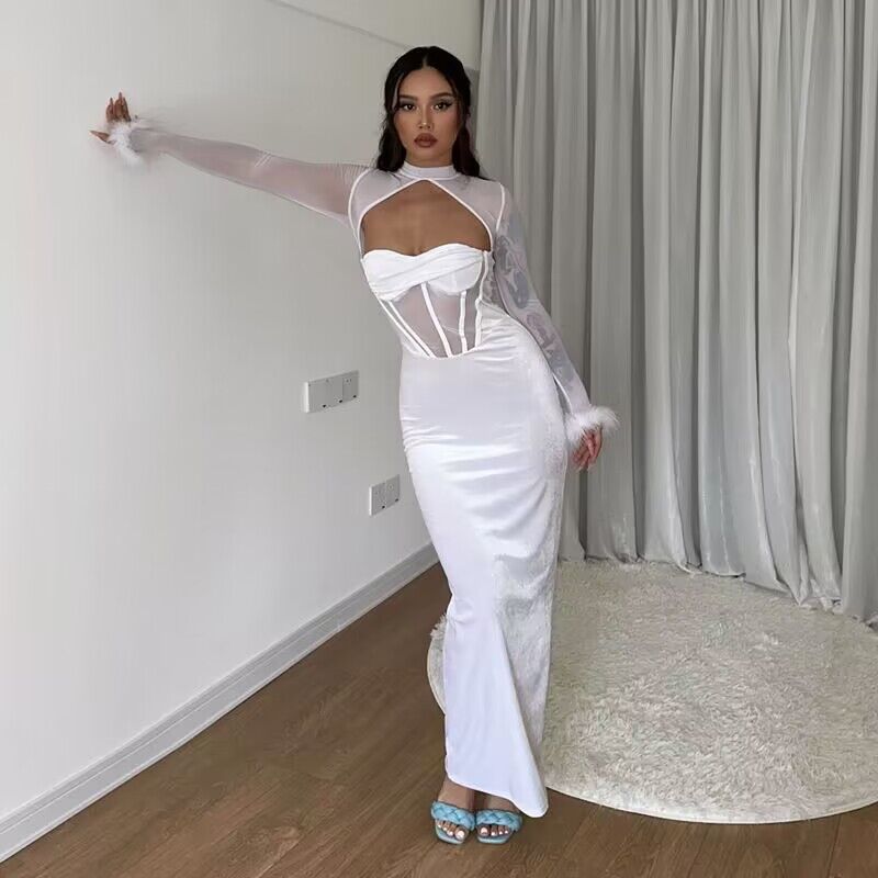 navy blue dress for baby girl Autumn Winter Sequins Hollow Out Sexy Party Club Maxi Dress Outfits for  Women Mesh Long Sleeve Lace Up Bodycon Dresses Vestido main image 0
