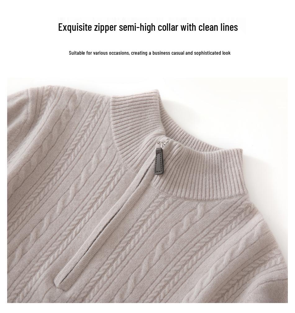 Men's Twisted Wool Sweater, Autumn/Winter, Half-High Neck, Half-Zip, Warm Knit Base Layer