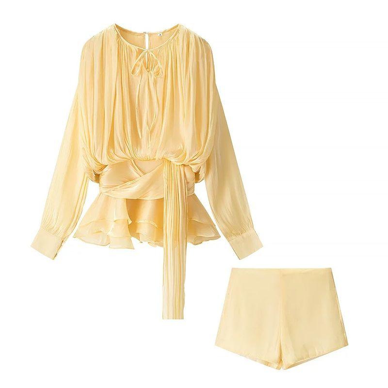 

Za Fashion Style ZR Женский новый французский миноритарный плиссированный костюм с лентами и свободным сетчатым платьем Yellow L