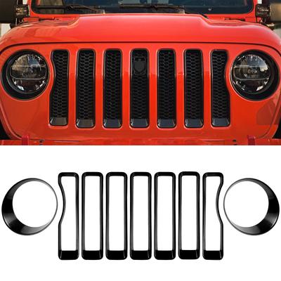 Inserts ABS Front Grill Rings Cover and Front Headlight Circle Kit for Jeep Wrangler JL Gladiator 2018-2019