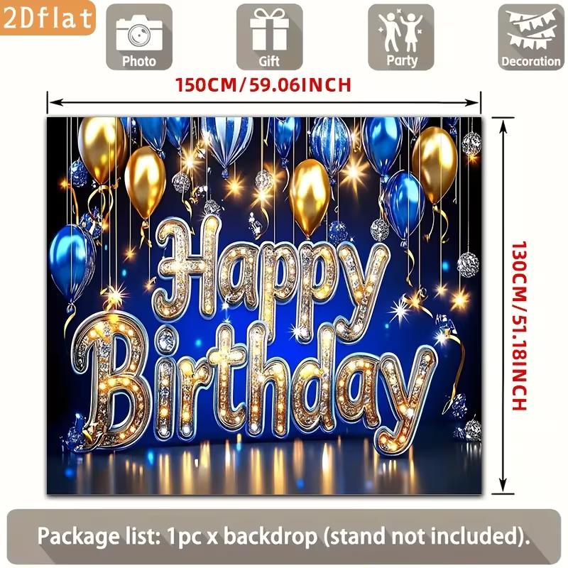 2D Blue Gold Happy Birthday Backdrop, Glitter Balloon Photography Background for Party