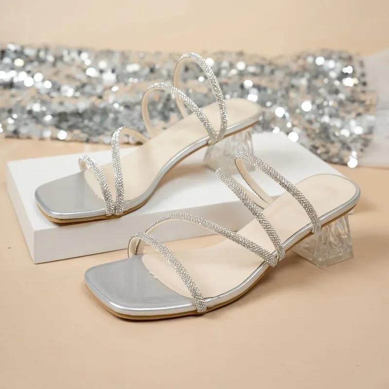 Fashion Hot Sale Woman Shoes 2025 Peep Toe Women's High Heels Fashion Crystal Casual Slippers Ladies Summer Plus Size Solid Heels Women